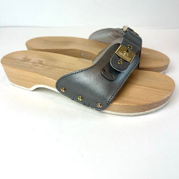 Vintage Dr. Scholl's Orginal Wood Sandals Made in Italy Metallic Gray Leather - Picture 1 of 11
